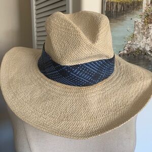 Halogen Natural Straw Fedora with Navy Blue Band